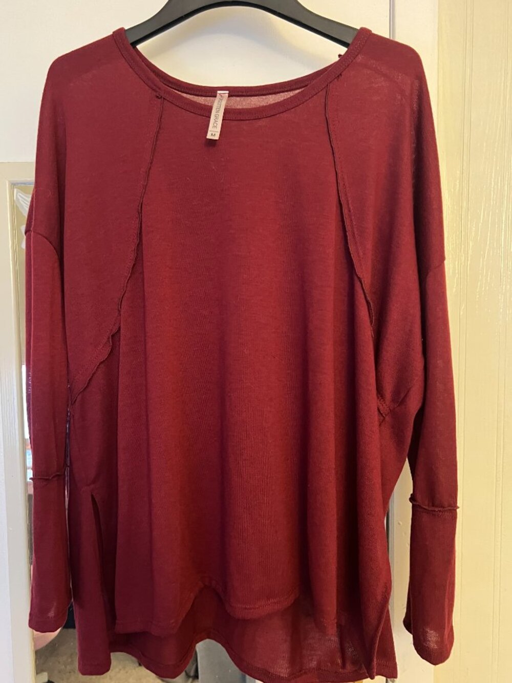 Forgotten Grace Burgundy Raw‑Seam Long Sleeve Top – Medium